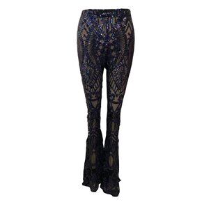 Lucy in the Sky Sequin Flare Pants Sheer Navy High-Waisted Celestial Art Deco Em